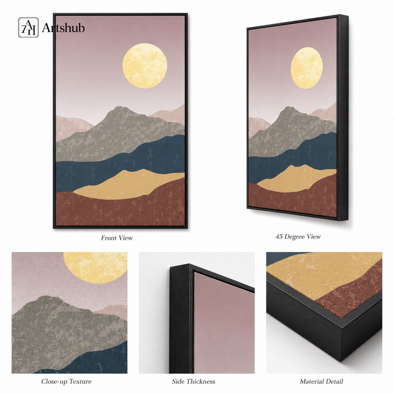 Artshub Timeless Landscapes Dusty Rose Teal Gold Mountain Moonrise framed canvas product detail sheet — front view 45 degree close-up texture side thickness material detail dusty rose teal gold moon matte black frame