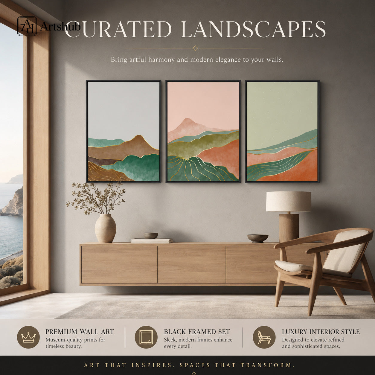 Artshub Curated Landscapes Blush Pink Forest Green Terracotta Mountain Valley triptych 3 panel framed canvas wall art editorial banner — Curated Landscapes artful harmony modern elegance Japandi living room walnut sideboard ceramic vase armchair ocean view