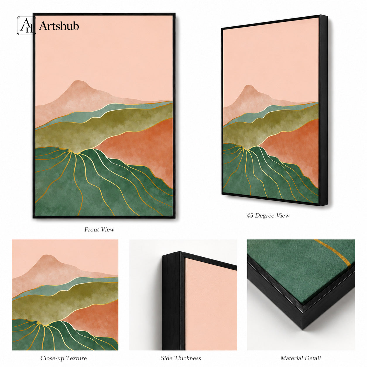 Artshub Curated Landscapes Blush Pink Forest Green Terracotta Mountain Valley framed canvas product detail sheet — front view 45 degree close-up texture side thickness material detail blush pink green terracotta gold line matte black frame