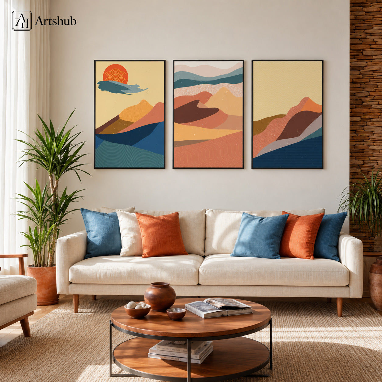 Artshub Artful Horizons Japanese Mountain Sunset triptych 3 panel framed canvas wall art in mid-century modern living room above cream sofa with blue and terracotta cushions — red sun teal dunes