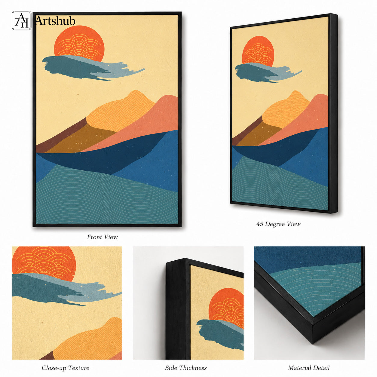 Artshub Artful Horizons Japanese Mountain Sunset framed canvas product detail sheet — front view 45 degree close-up texture side thickness material detail red sun teal mountain terracotta matte black frame