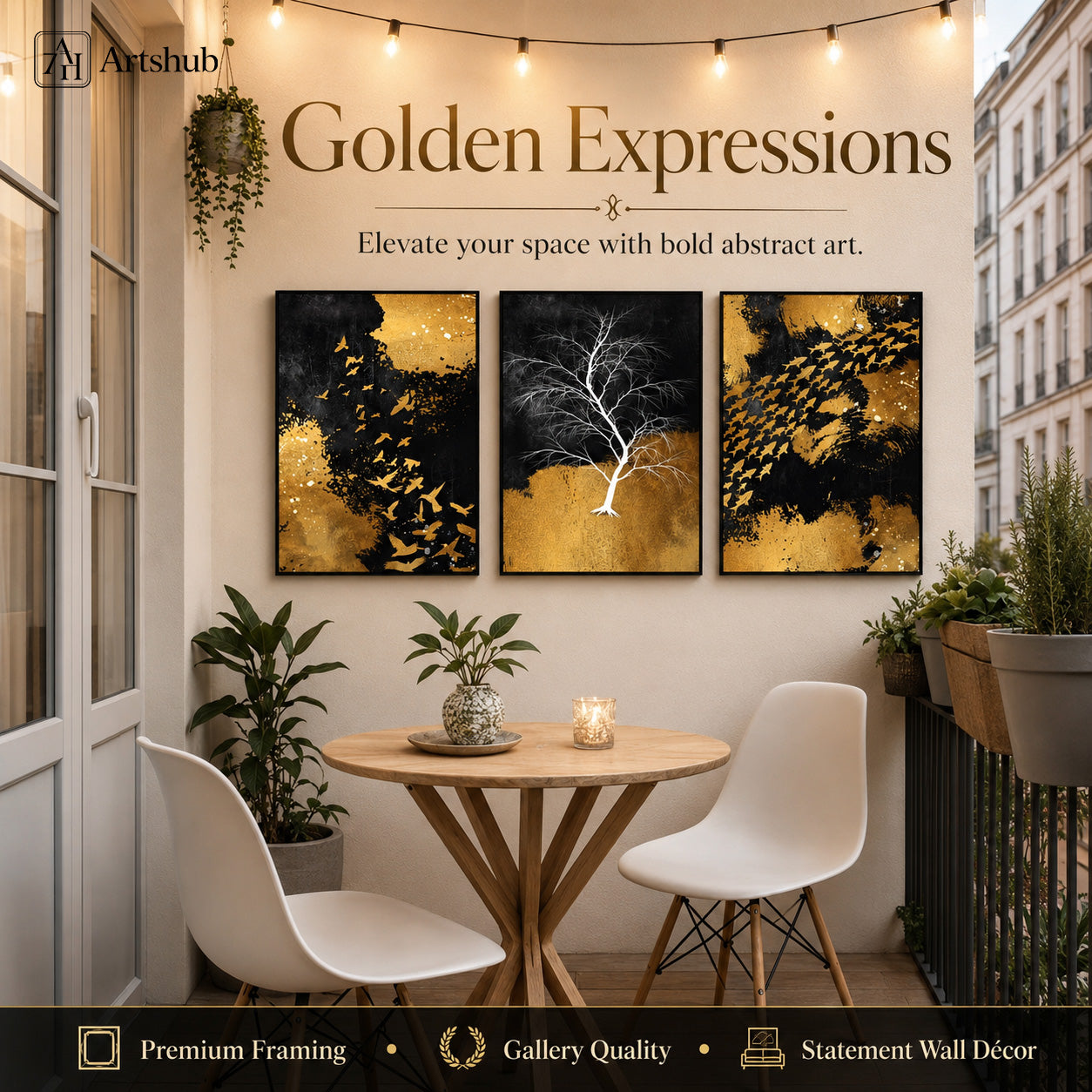 Artshub Golden Expressions Black Gold White Tree Birds triptych 3 panel framed canvas wall art editorial banner — Golden Expressions Elevate Your Space bold abstract art Parisian balcony bistro table