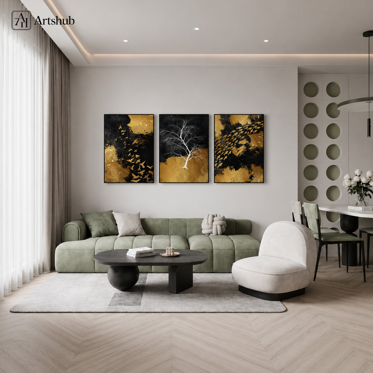 Artshub Golden Expressions Black Gold White Tree Birds triptych 3 panel framed canvas wall art in modern living room above green sofa with black coffee table and circle wall panels — black gold white