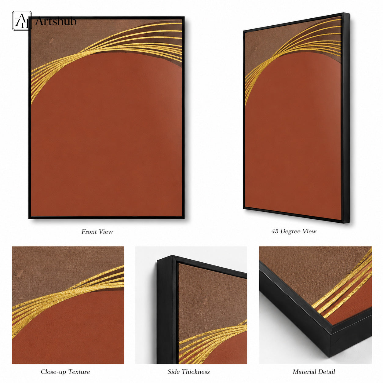 Artshub Golden Elegance Terracotta Blush Gold Arc framed canvas product detail sheet — front view 45 degree close-up texture side thickness material detail terracotta gold arc matte black frame