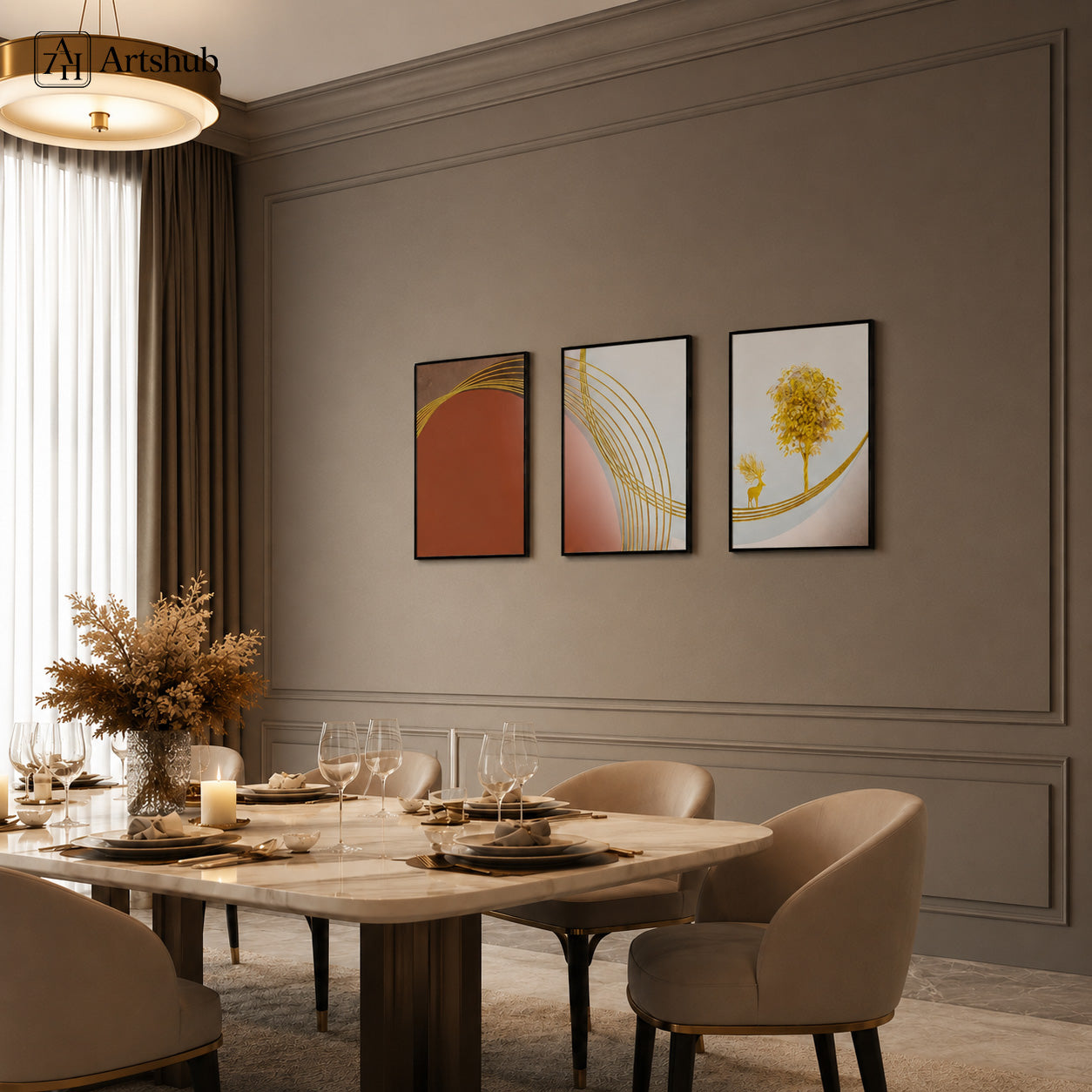Artshub Golden Elegance Terracotta Blush Gold Arc triptych 3 panel framed canvas wall art in luxury formal dining room above marble table with cream chairs and round pendant light — terracotta blush gold