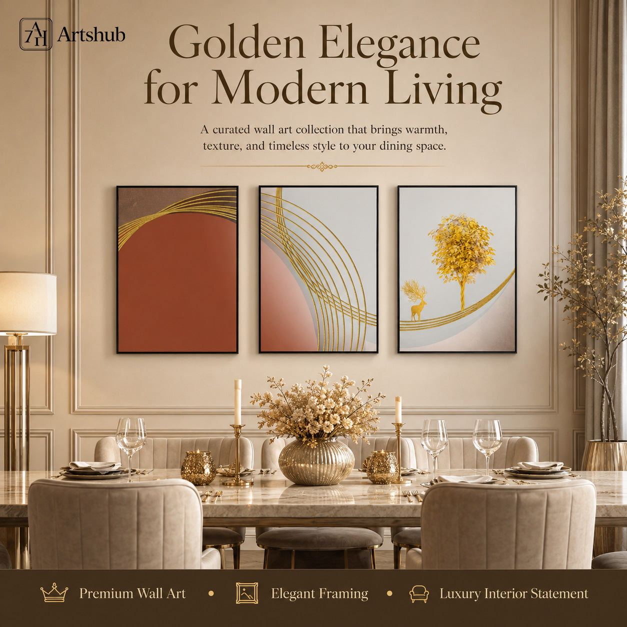Artshub Golden Elegance Terracotta Blush Gold Arc triptych 3 panel framed canvas wall art editorial banner — Golden Elegance for Modern Living luxury dining room beige wall gold vase candles