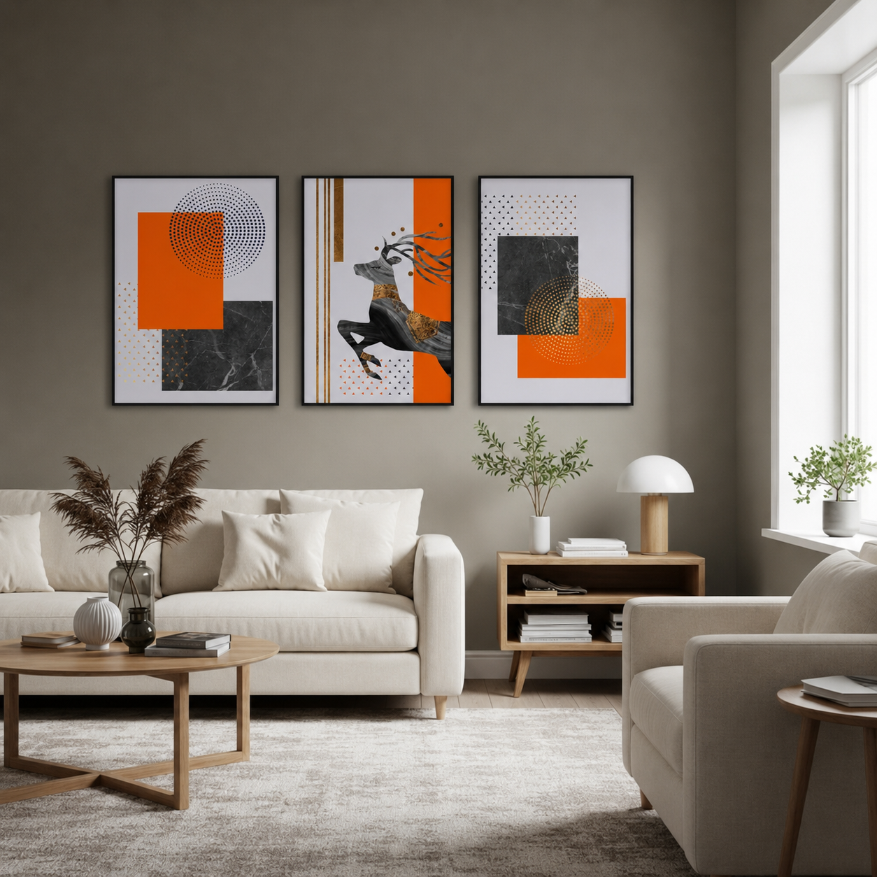 Artshub Orange Marble Deer Geometric framed canvas product detail sheet — front view 45 degree close-up texture side thickness material detail orange black marble gold halftone