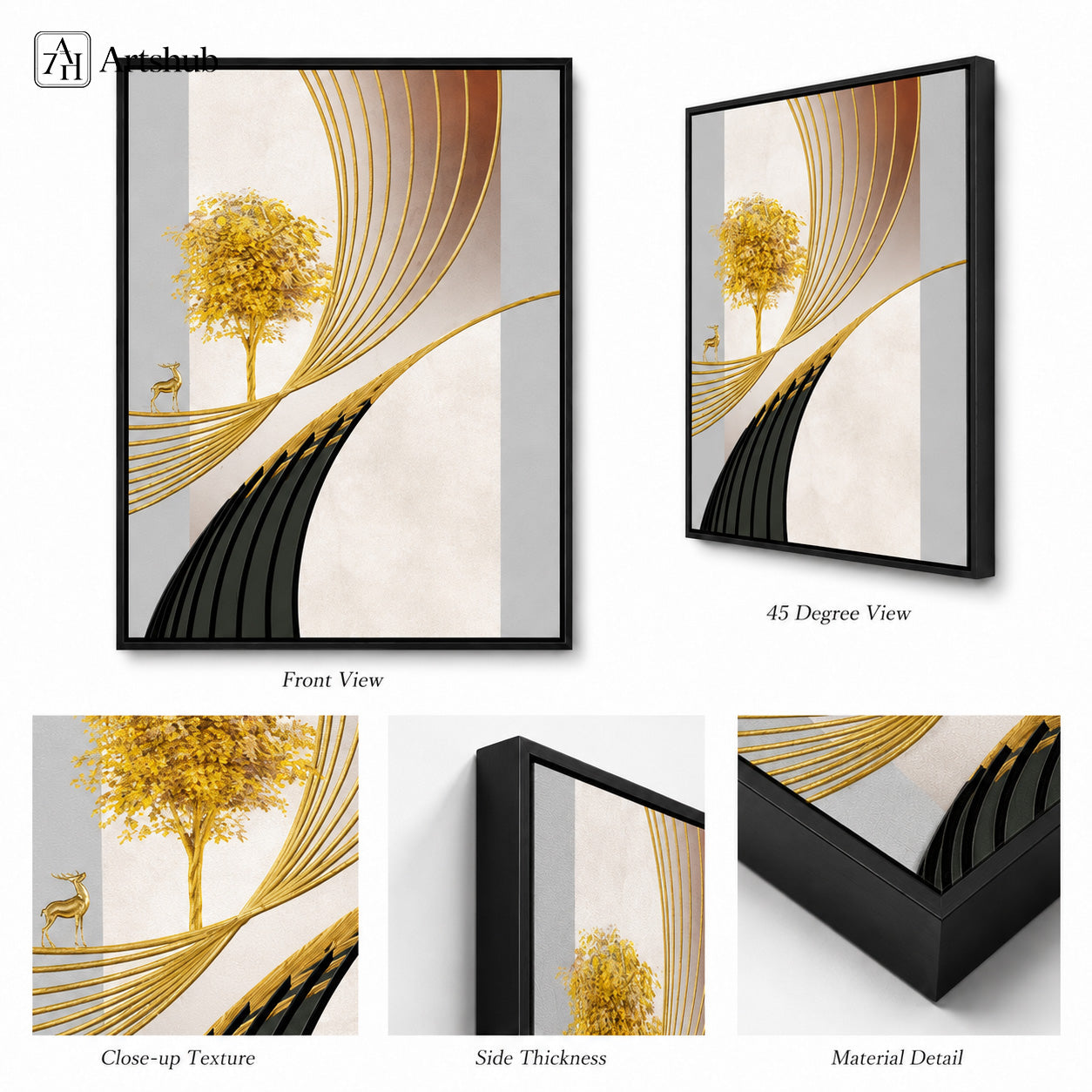Artshub Golden Serenity Tree Gold Line framed canvas product detail sheet — front view 45 degree close-up texture side thickness material detail gold tree arc lines ivory terracotta matte black frame