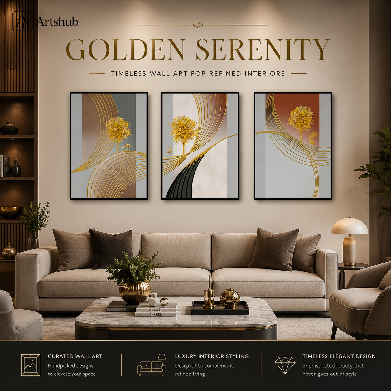 Artshub Golden Serenity Tree Gold Line triptych 3 panel framed canvas wall art editorial banner — Golden Serenity Timeless Wall Art for Refined Interiors luxury living room beige sofa gold vase