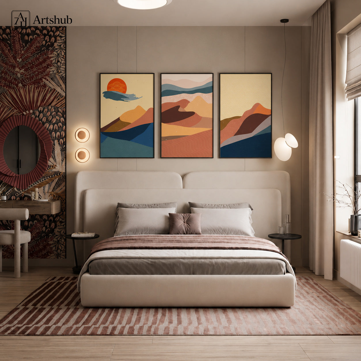 Artshub Artful Horizons Japanese Mountain Sunset triptych 3 panel framed canvas wall art above bed in warm luxury master bedroom with pendant lights and botanical wall panel — terracotta teal