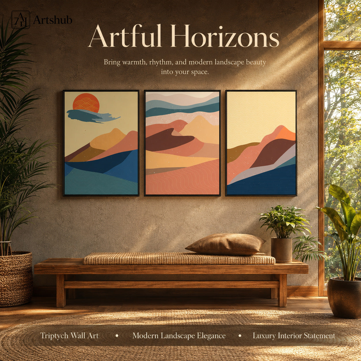 Artshub Artful Horizons Japanese Mountain Sunset triptych 3 panel framed canvas wall art editorial banner — Artful Horizons warmth rhythm modern landscape beauty Japandi entryway bench plants