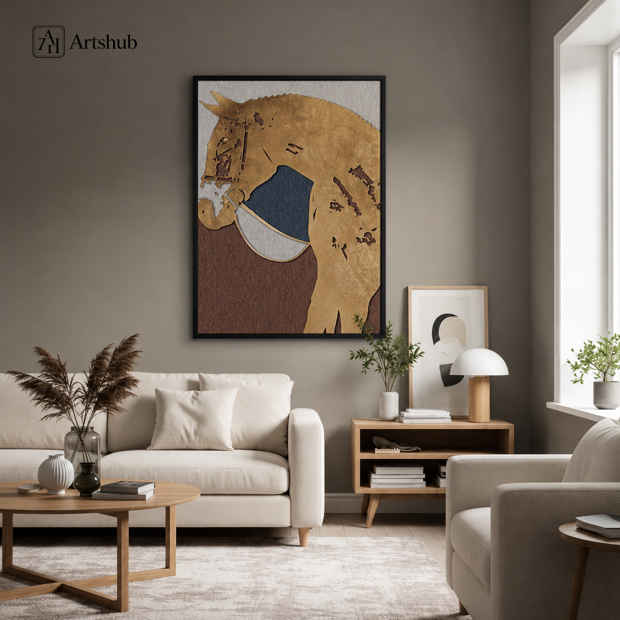 Artshub Golden Majesty Horse Portrait single panel framed canvas wall art in warm grey Scandinavian living room above cream sofa with oak coffee table and dried pampas grass — golden horse matte black frame
