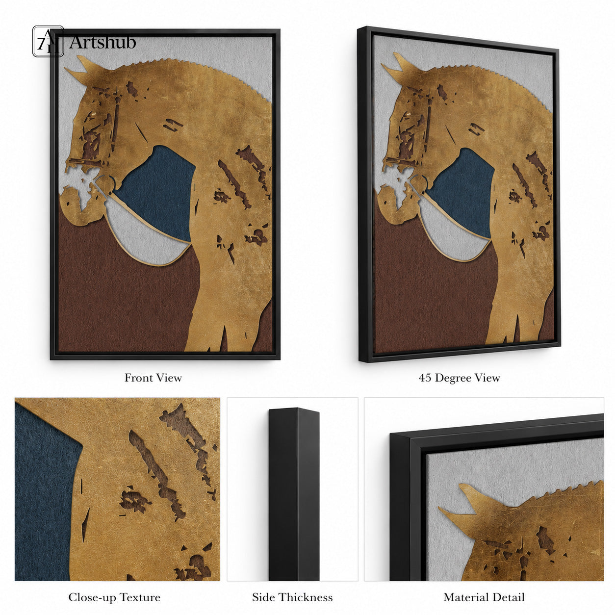 Artshub Golden Majesty Horse Portrait framed canvas product detail sheet — front view 45 degree close-up gold leaf texture side thickness material detail golden horse navy saddle matte black frame