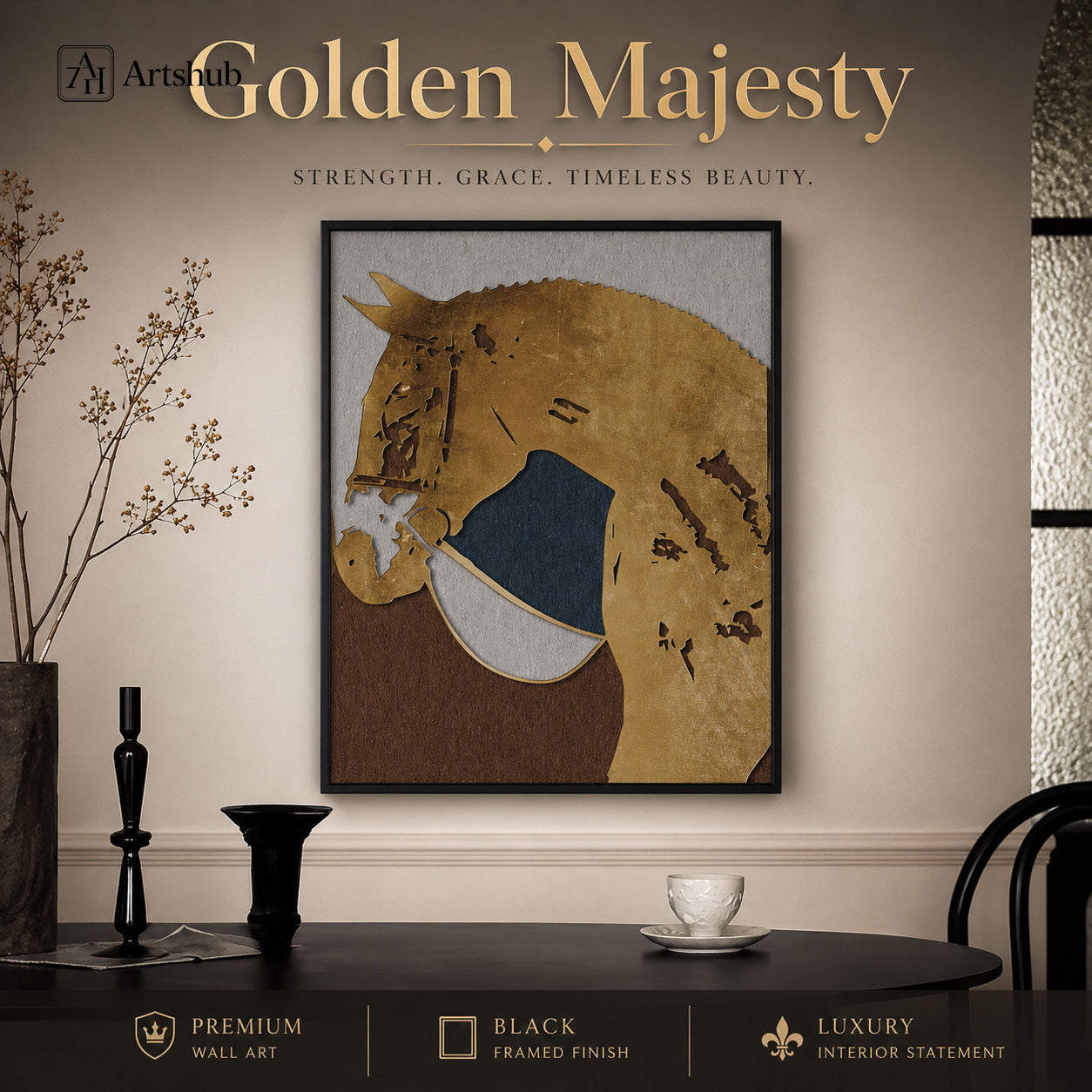 Artshub Golden Majesty Horse Portrait single panel framed canvas wall art editorial banner — Golden Majesty Strength Grace Timeless Beauty luxury dark dining room black table candlestick matte black frame