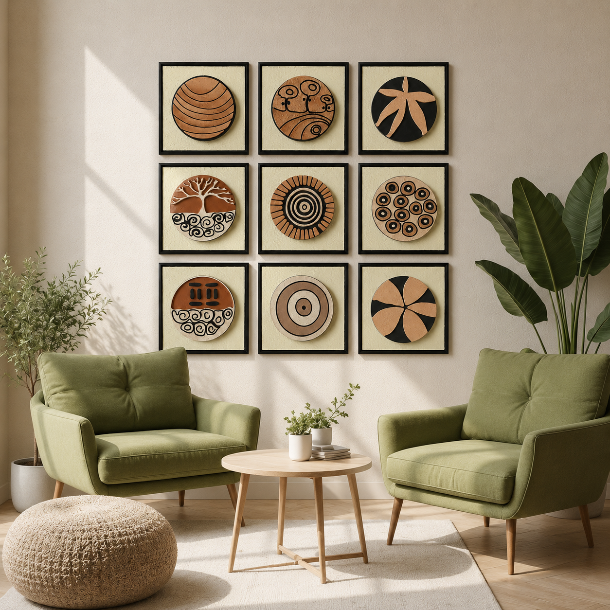 Artshub Earth Circles 9-panel handcrafted terracotta 3D circular framed wall art set displayed in a 3x3 grid on a cream wall above two olive green armchairs with round coffee table and tropical plants – timeless art thoughtfully crafted