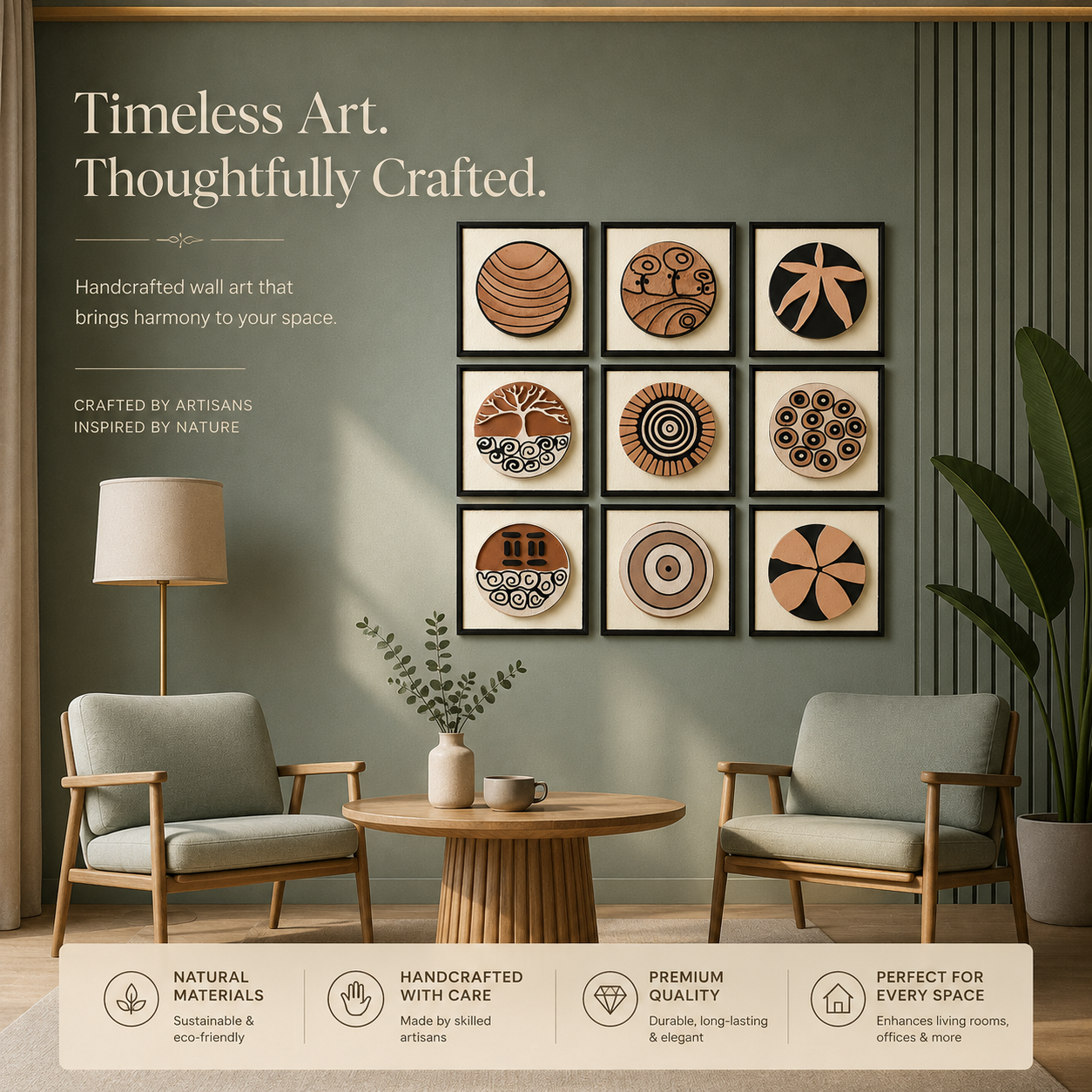 Artshub Earth Circles 9-panel handcrafted terracotta 3D circular framed wall art set displayed on a sage green slatted wall with floor lamp and two grey armchairs – timeless art thoughtfully crafted, natural materials handcrafted with care premium quality perfect for every space