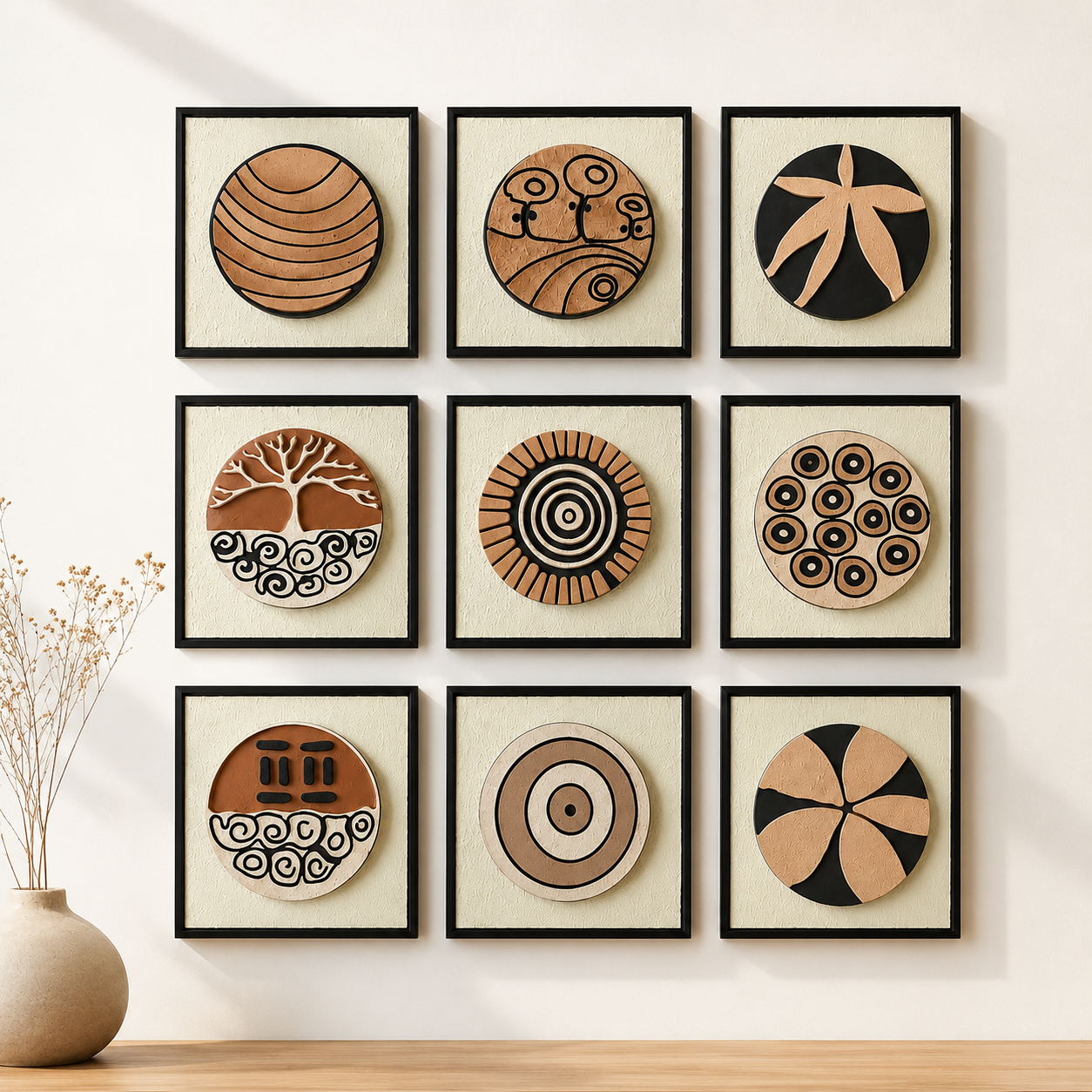 Artshub Earth Circles 9-panel handcrafted terracotta 3D circular framed wall art set – nine unique tribal and nature-inspired circular motifs in terracotta, ivory and black on cream textured base in sleek black frames, product shot on white wall with dried flower arrangement