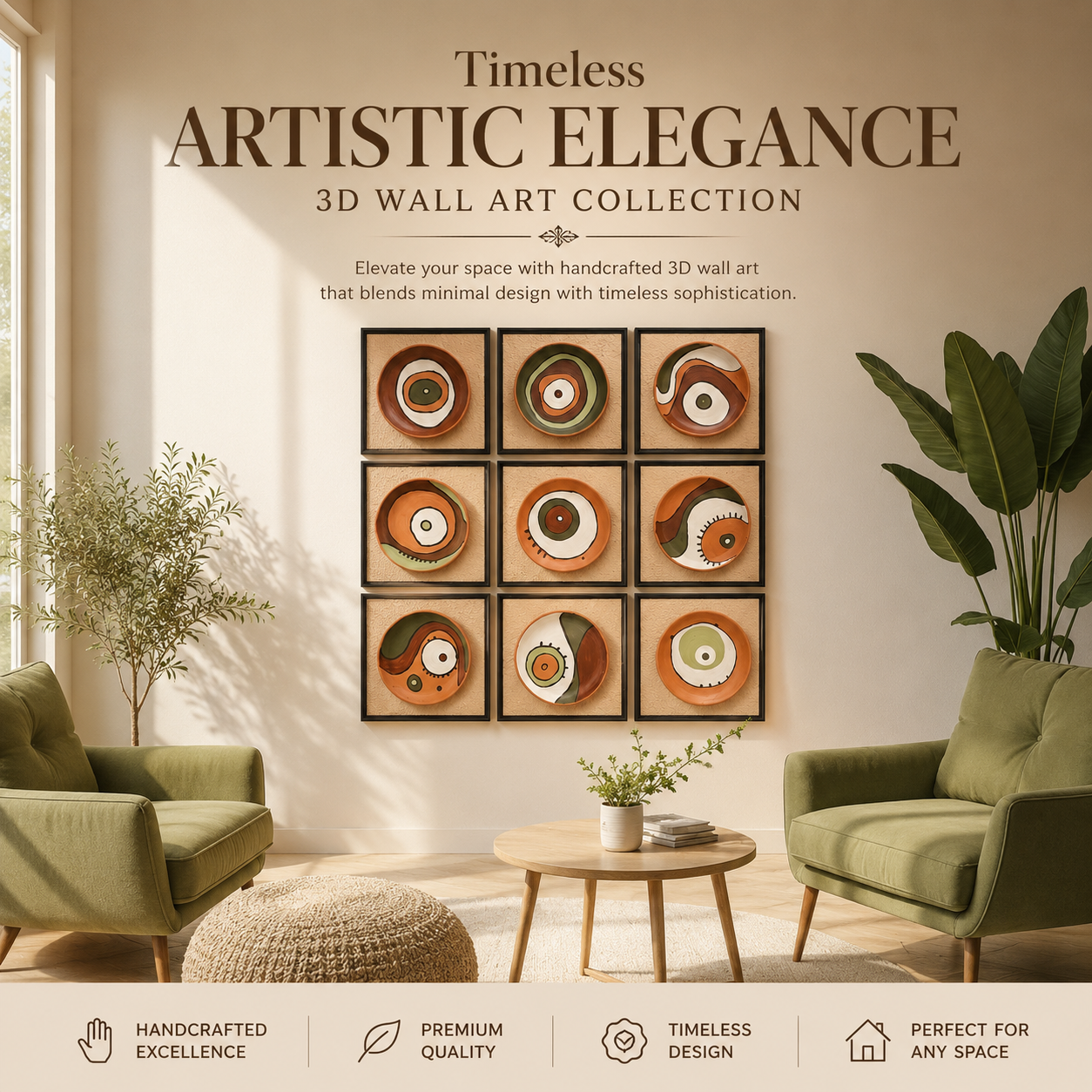 Artshub Ceramic Eye Plates 9-panel hand-painted 3D ceramic disc framed wall art set displayed in a 3x3 grid on a cream wall with olive tree in grey pot – nine unique eye and yin-yang disc motifs in terracotta, olive green, white and dark brown in matte black frames