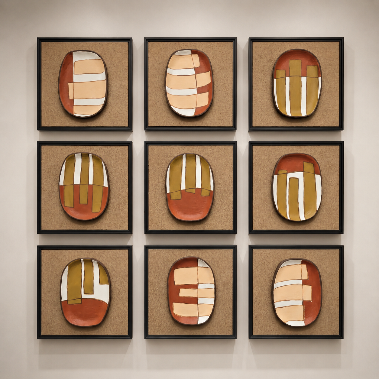 Artshub Ceramic Ovals 9-panel handcrafted abstract 3D ceramic framed wall art set – nine unique abstract oval compositions in terracotta, mustard, peach and white on sand-toned textured base in premium black frames, product shot on cream wall