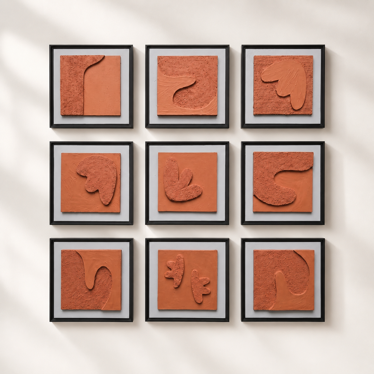Artshub Terra Sculpt product detail sheet – front view 10x10 inch, 45 degree view, close-up texture showing raised sculptural terracotta relief on deeply textured terracotta ground, side thickness 1.2 inch, material detail showing sculptural terracotta relief, deeply textured ground, white mat and matte black frame – handcrafted with care, premium quality materials, ready to hang and display