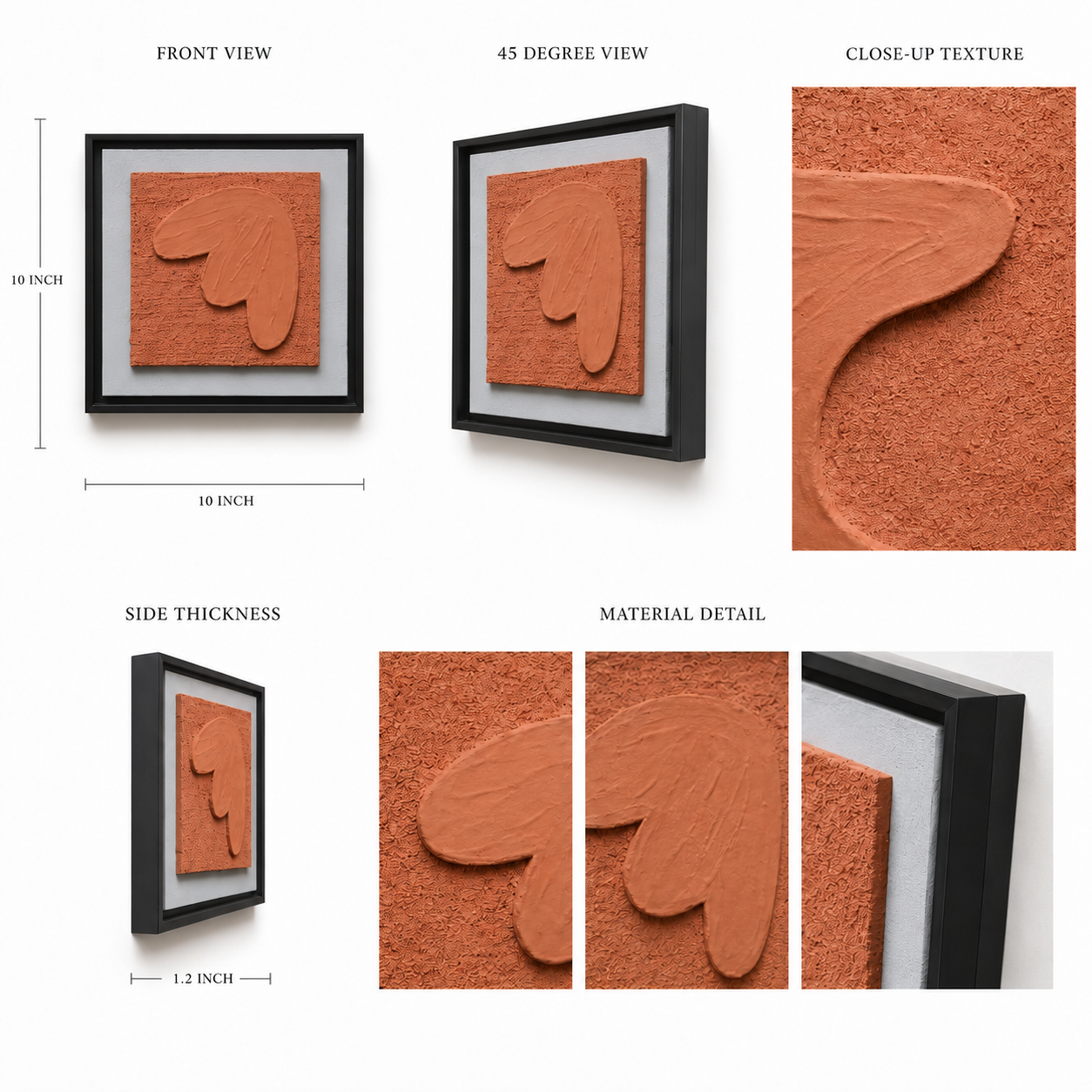 Artshub Terra Sculpt 9-panel handcrafted sculptural terracotta 3D relief framed wall art set displayed in a 3x3 grid on a cream wall in natural light – nine unique raised abstract organic forms casting subtle shadows on deeply textured terracotta ground in white mat and matte black frames