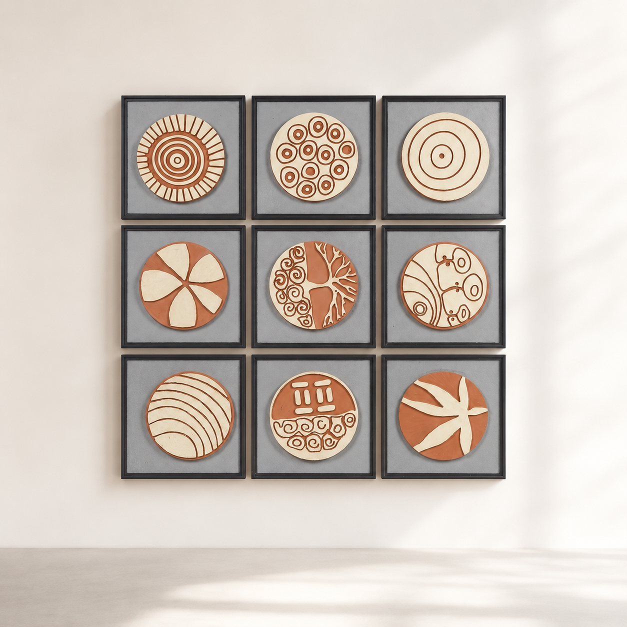 Artshub Terra Circles 9-panel handcrafted 3D terracotta framed wall art set displayed on a cream panelled hallway wall with palm plant – timeless wall art elevate every space