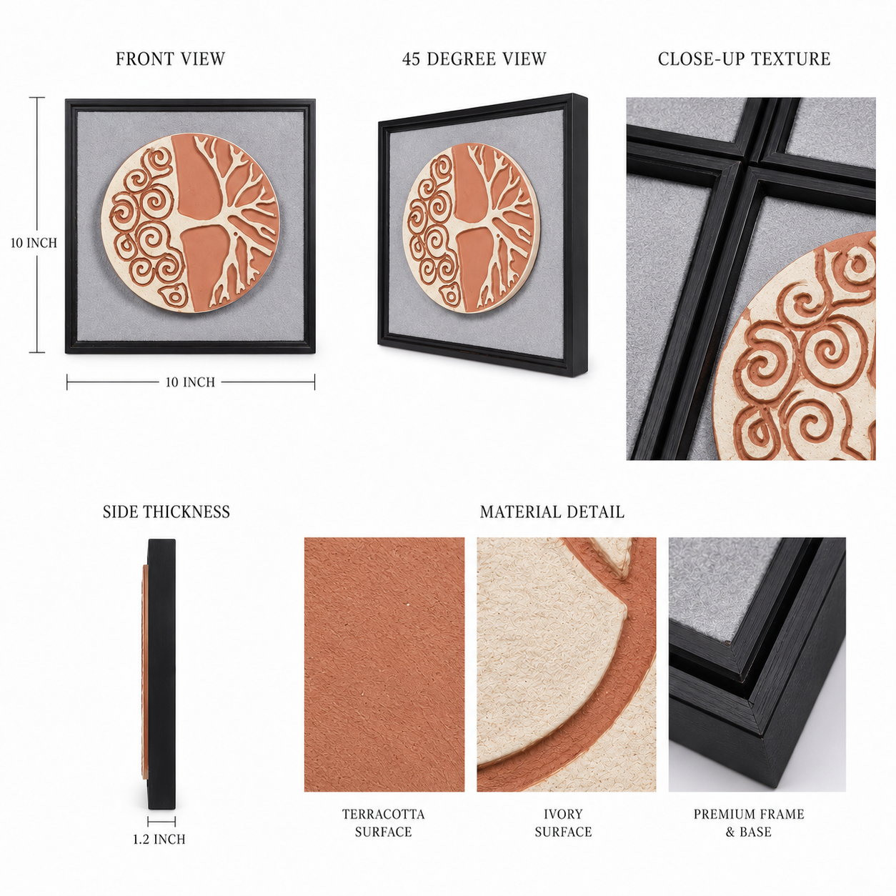 Artshub Terra Circles product detail sheet – front view 10x10 inch, 45 degree view, close-up texture, side thickness 1.2 inch, material detail showing terracotta surface, ivory surface and premium black frame and base