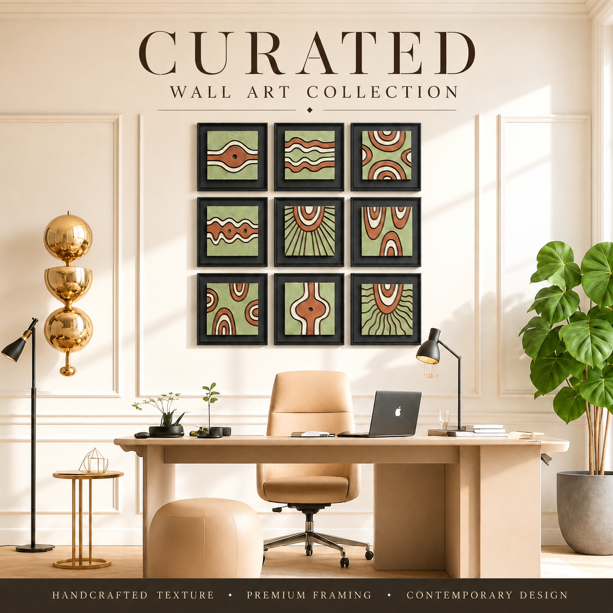 Artshub Sage & Terra 9-panel handcrafted 3D relief framed wall art set – nine unique abstract wave, arc and sun-ray motifs in terracotta and ivory on sage green textured surface in premium black frames, product shot on white wall with natural light