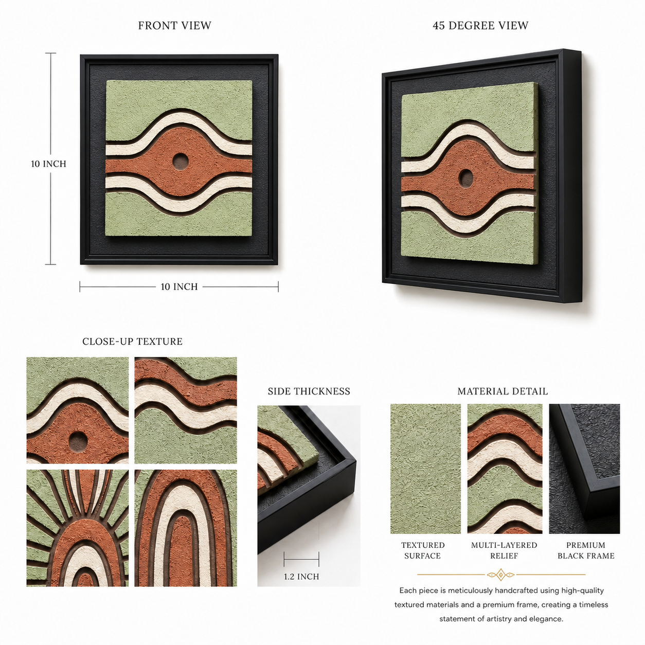 Artshub Sage & Terra – Curated Wall Art Collection lifestyle banner – 9-panel handcrafted 3D relief framed wall art set displayed in a 3x3 grid above a luxury beige desk with gold sphere floor lamp and fiddle leaf fig plant – Handcrafted Texture, Premium Framing, Contemporary Design