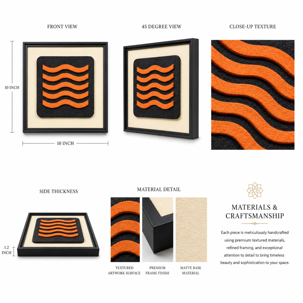 Artshub Signal Blocks product detail sheet – front view 10x10 inch, 45 degree view, close-up texture showing vivid orange wave lines on deep charcoal black textured artwork surface, side thickness 1.2 inch, material detail showing textured artwork surface, premium frame finish and matte base material – handcrafted with care, premium textured materials, refined framing, exceptional attention to detail