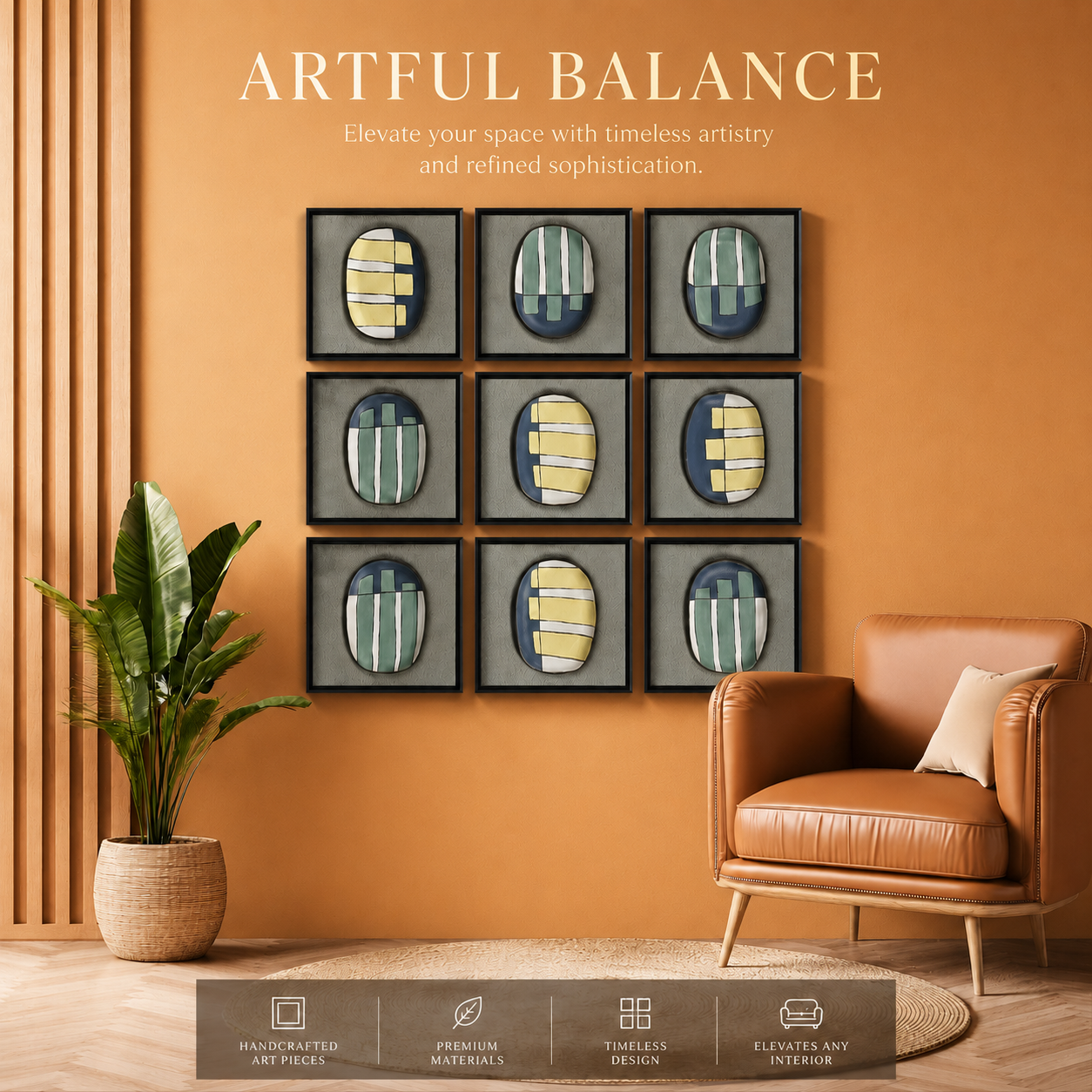 Artshub Artful Balance 9-panel handcrafted ceramic oval mosaic framed wall art set displayed in a 3x3 grid on a cream wall above a stone console table with ceramic vases and black bowl – nine unique oval compositions in sage green, butter yellow, navy blue and white on cool grey textured background in sleek black frames