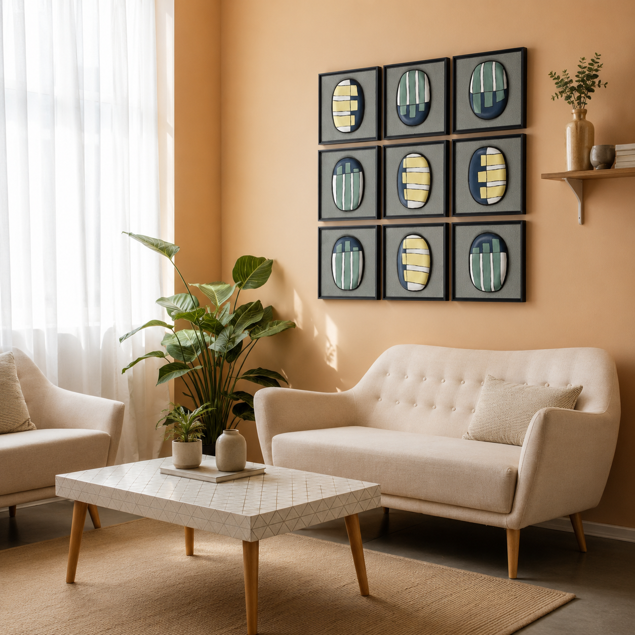 Artshub Artful Balance – Artful Balance lifestyle banner – 9-panel handcrafted ceramic oval mosaic framed wall art set displayed in a 3x3 grid on a terracotta orange slatted wall with large tropical plant and tan leather armchair – Handcrafted Art Pieces, Premium Materials, Timeless Design, Elevates Any Interior