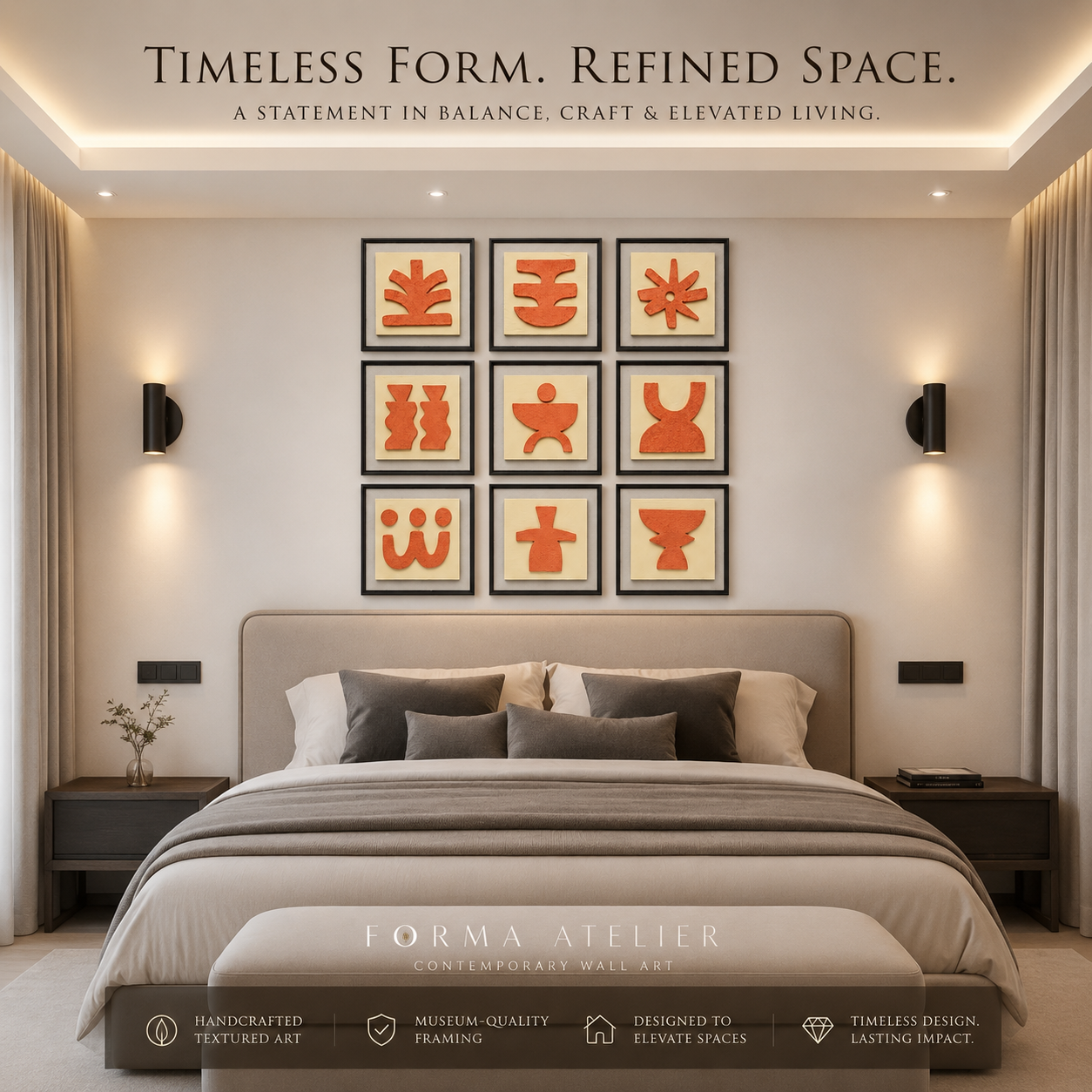 Artshub Forma Glyphs 9-panel handcrafted 3D terracotta glyph framed wall art set displayed in a 3x3 grid on a cream wall with round side table and plant in vase – nine unique bold terracotta glyph motifs on cream textured backing with light grey mat in premium black frames
