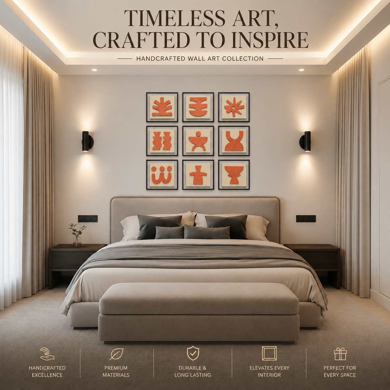 Artshub Forma Glyphs – Timeless Form Refined Space lifestyle banner – 9-panel handcrafted 3D terracotta glyph framed wall art set displayed in a 3x3 grid on a cream wall above a luxury upholstered bed with grey linen bedding and black wall sconces – Handcrafted Textured Art, Museum-Quality Framing, Designed to Elevate Spaces, Timeless Design Lasting Impact
