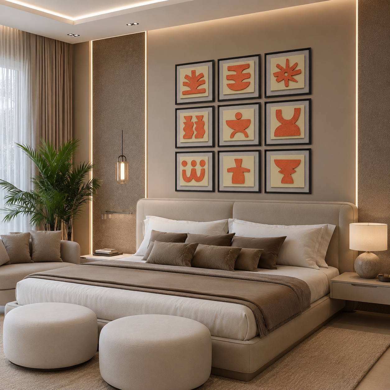 Artshub Forma Glyphs – Timeless Art Crafted to Inspire lifestyle banner – 9-panel handcrafted 3D terracotta glyph framed wall art set displayed in a 3x3 grid on a cream wall above a luxury upholstered bed with neutral linen bedding and black wall sconces – Handcrafted Excellence, Premium Materials, Durable and Long Lasting, Elevates Every Interior, Perfect for Every Space