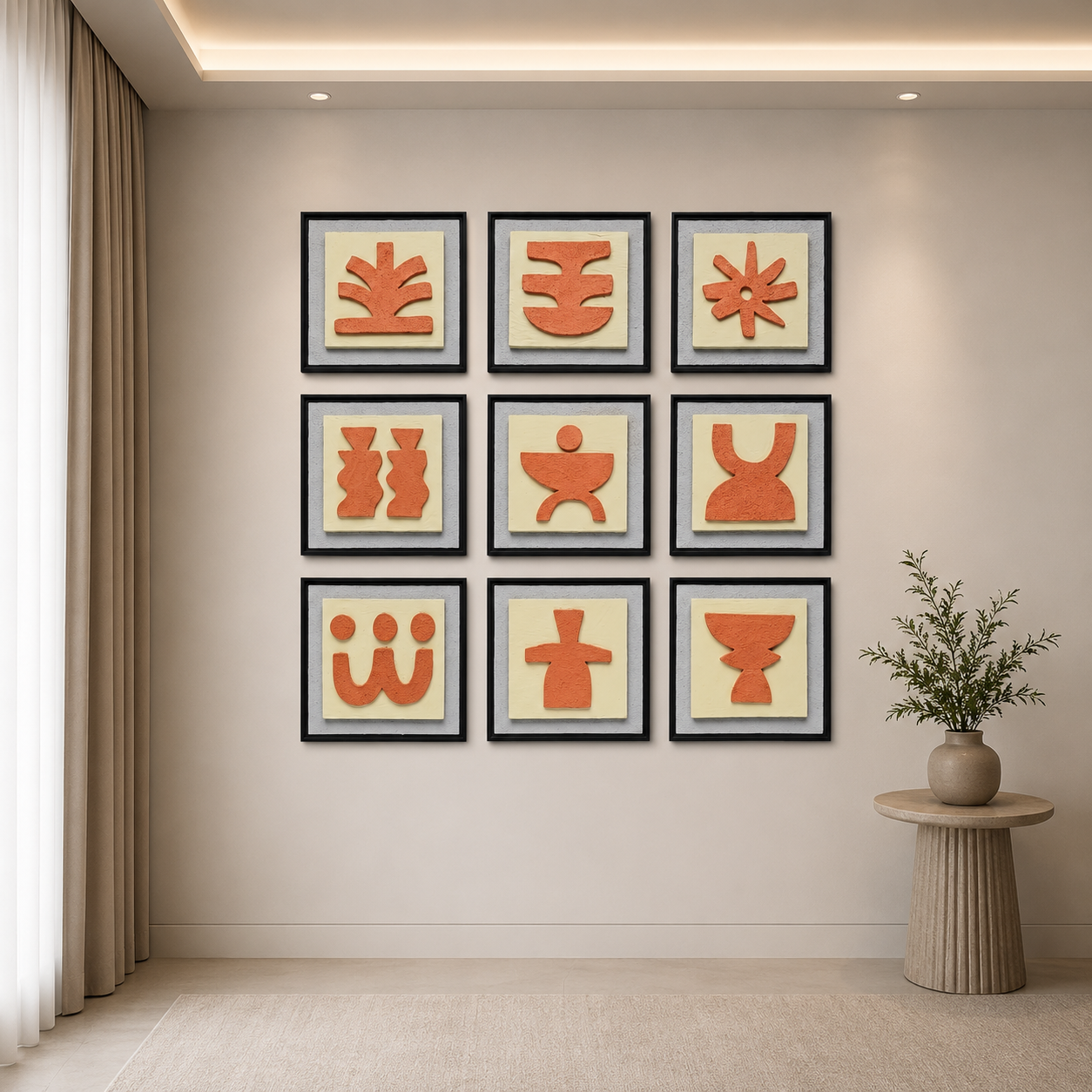 Artshub Forma Glyphs 9-panel handcrafted 3D terracotta glyph framed wall art set displayed in a 3x3 grid on a warm taupe textured wall above a luxury platform bed with beige upholstered headboard, brown linen bedding, pendant lamp and large palm plant – timeless form refined space elevated living