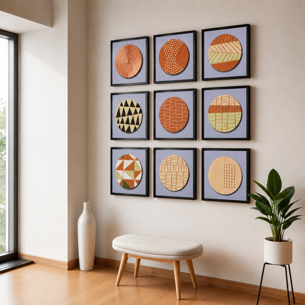 Artshub Terra Circles 9-panel handcrafted 3D ceramic circle texture framed wall art set displayed in a 3x3 grid on a white hallway wall with natural light from large window, white tall vase, white upholstered bench and green plant in white pot – nine unique circle motifs in terracotta, cream and sage green on periwinkle blue textured backing in premium black frames