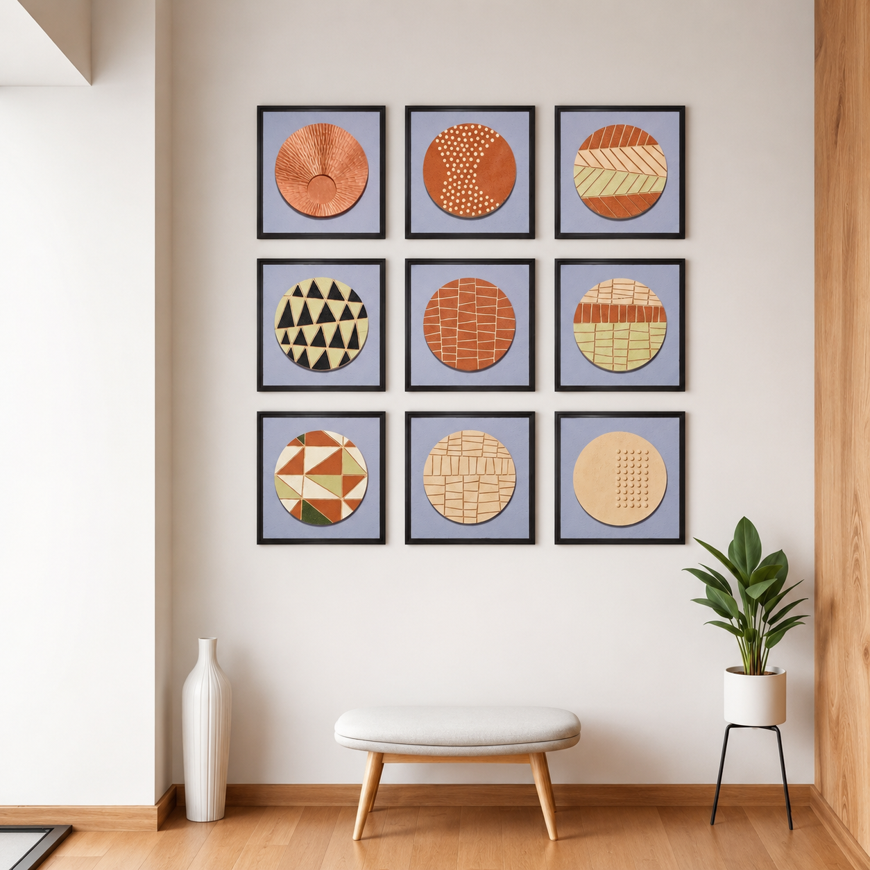 Artshub Terra Circles 9-panel handcrafted 3D ceramic circle texture framed wall art set displayed in a 3x3 grid on a white wall in a bright hallway with white tall vase, white upholstered bench and green plant in white pot – close-up showing nine unique circle motifs including radiant sun rays, polka dot hourglass, herringbone chevron, black triangle mosaic, terracotta brick weave, horizontal stripe blocks, geometric colour triangles, cream lattice weave and cream dot scatter
