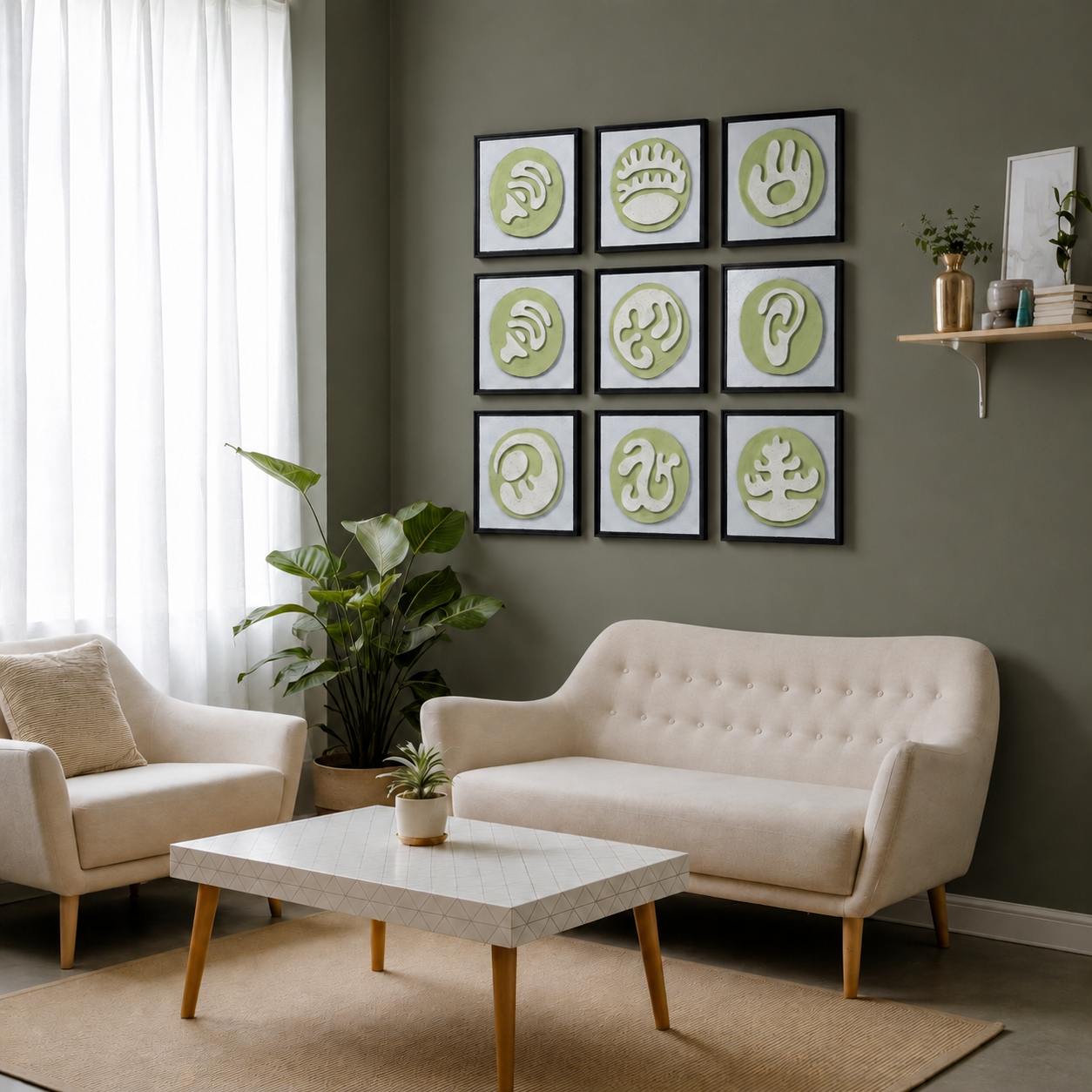 Artshub Sageform 9-panel handcrafted 3D organic form framed wall art set displayed in a 3x3 grid on a sage green wall in a bright living room with cream tufted sofa, cream armchair, white mosaic coffee table with small plant, large tropical plant and sheer white curtains – nine unique organic motifs in cream white on sage green circles in premium black frames