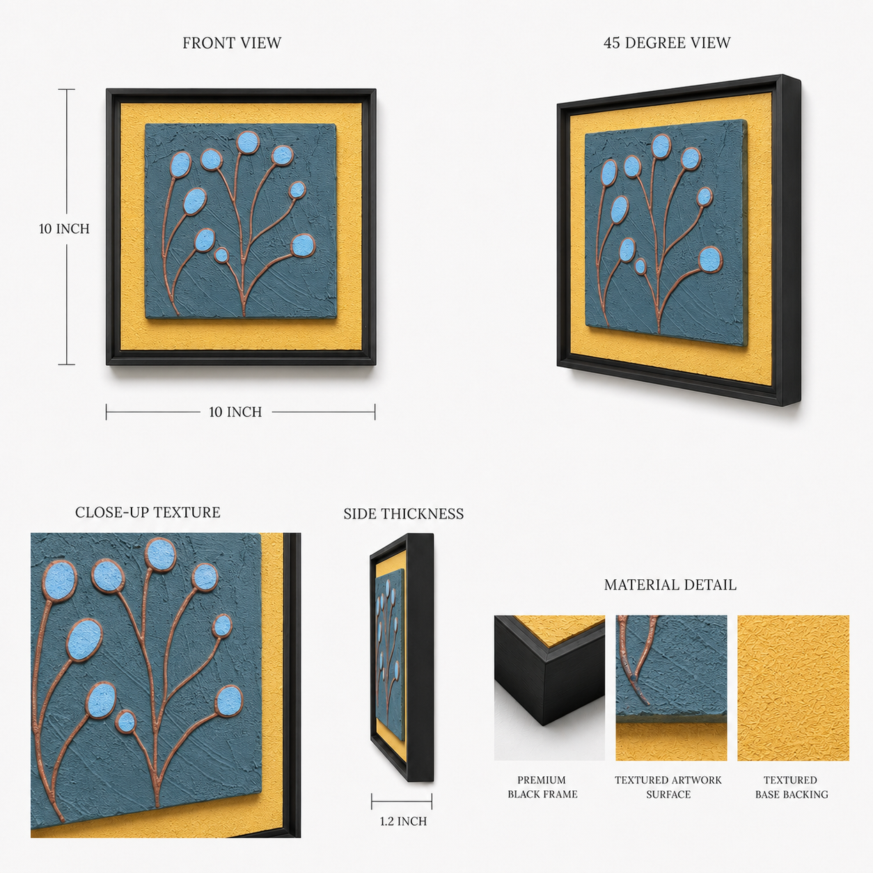 Artshub Botanica Teal – Nature Reimagined Nine Expressions Timeless Harmony lifestyle banner – 9-panel handcrafted 3D botanical relief framed wall art set displayed in a 3x3 grid on a warm taupe wall in a hallway with dining room visible – Natural Elegance, Artisan Crafted, Curated Harmony, Timeless Appeal – sky blue botanical forms with copper-rust stems on deep teal textured surface in golden amber backing and premium black frames