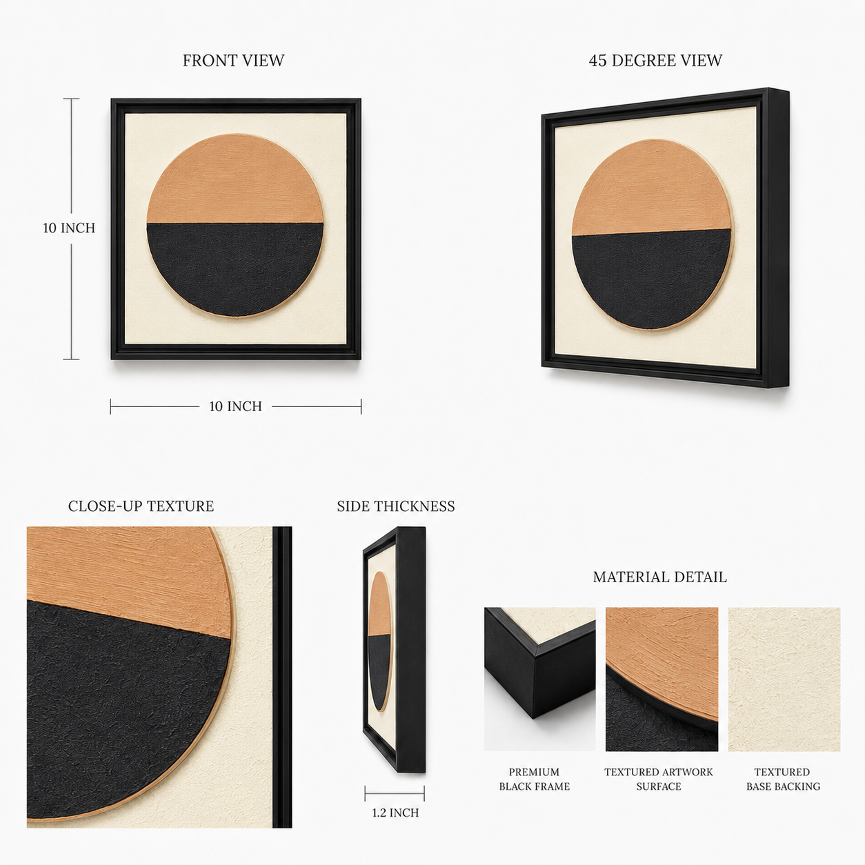 Artshub Duality Circles product detail sheet – front view 10x10 inch, 45 degree view, close-up texture showing handcrafted 3D sculptural circle with half moon rise motif in warm caramel tan and deep charcoal black, side thickness 1.2 inch, material detail showing premium black frame, textured artwork surface and textured base backing – meticulously crafted by skilled artisans, high-quality materials, lasting beauty