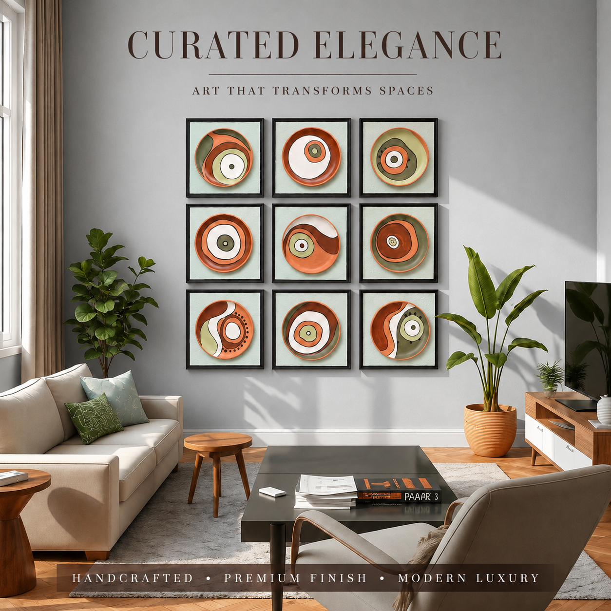 Artshub Terra Orbis – Curated Elegance Art That Transforms Spaces editorial banner – 9-panel hand-painted ceramic circle wall art on grey wall in modern living room with cream sofa, fiddle leaf fig, tropical plant, wooden coffee table and TV unit – Handcrafted, Premium Finish, Modern Luxury