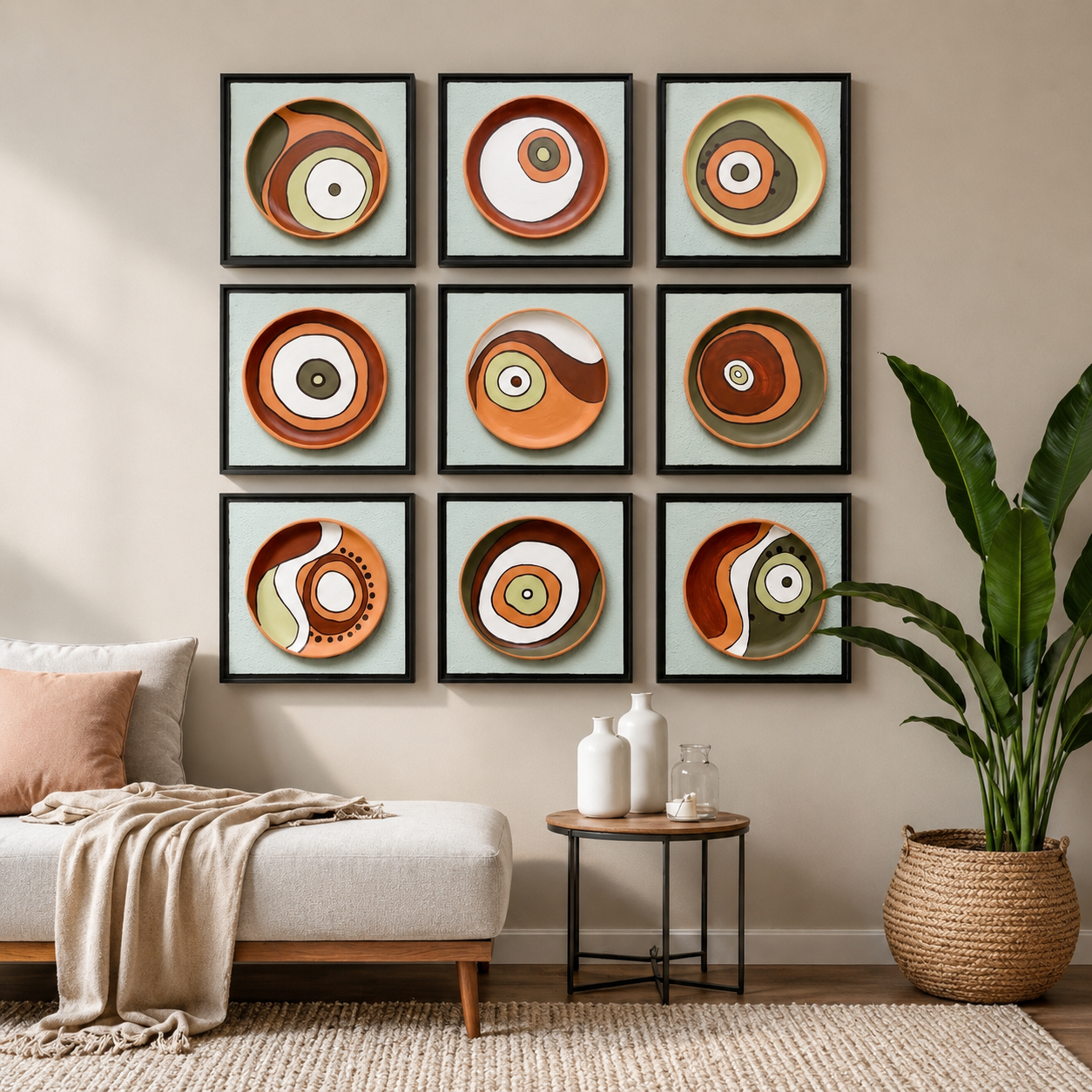 Artshub Terra Orbis 9-panel handcrafted hand-painted ceramic circle framed wall art set in a 3x3 grid on a warm beige wall above a cream daybed with peach cushion, round black coffee table with white vases and large tropical plant in wicker basket