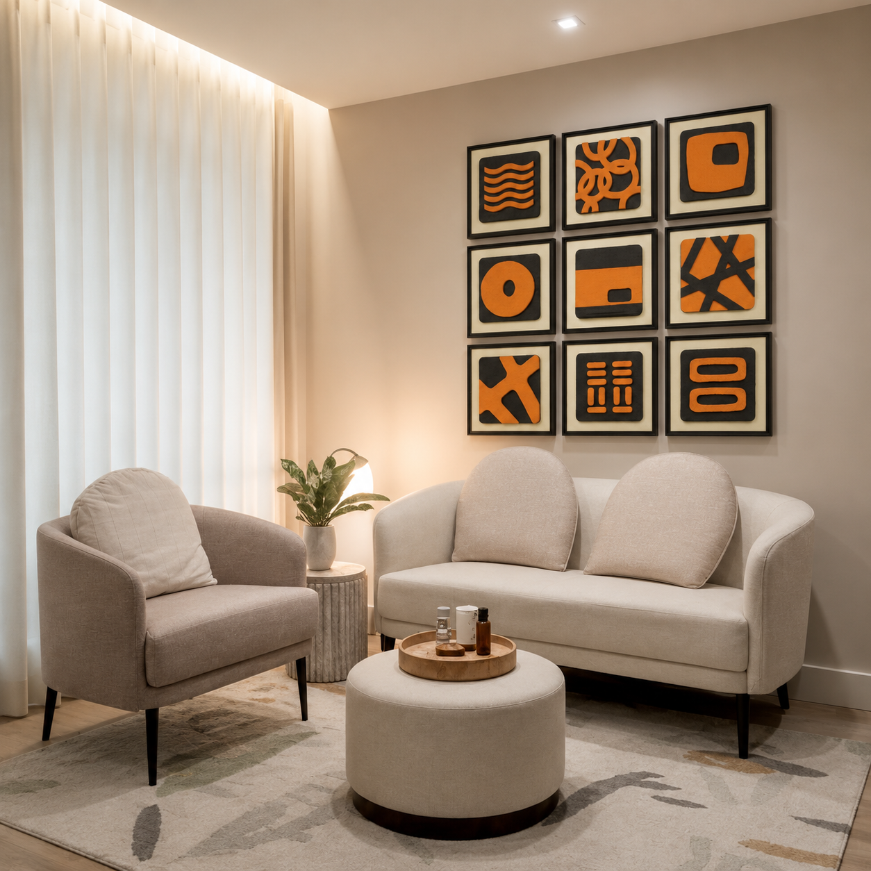 Artshub Signal Blocks – Art That Elevates Every Space lifestyle banner – 9-panel handcrafted 3D geometric orange and black framed wall art set displayed in a 3x3 grid on a cream wall on a luxury balcony with rattan chair, round wooden coffee table and large tropical plant – Premium Materials, Modern Aesthetic, Curated Impact, Ready to Hang