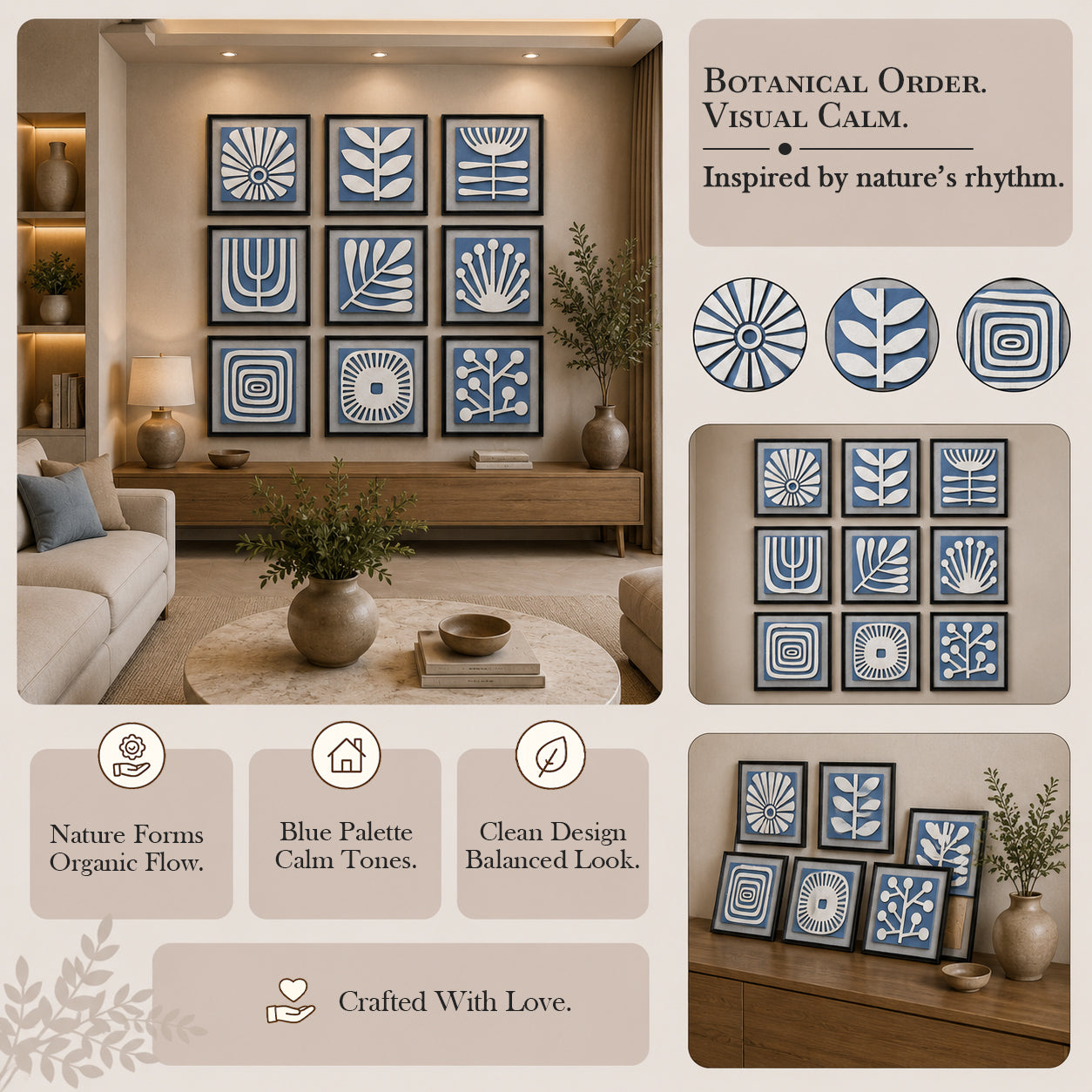 Artshub Botanical Balance – Blue Botanical 9-Panel Gallery Wall Art Set