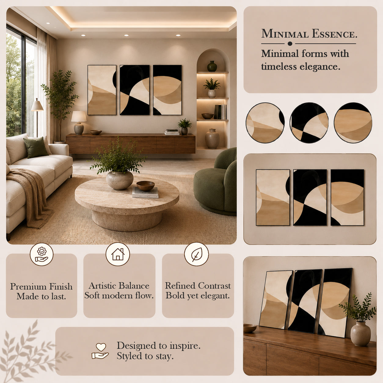 Artshub Ivory Harmony – Minimal Abstract Triptych Wall Art Set of 3