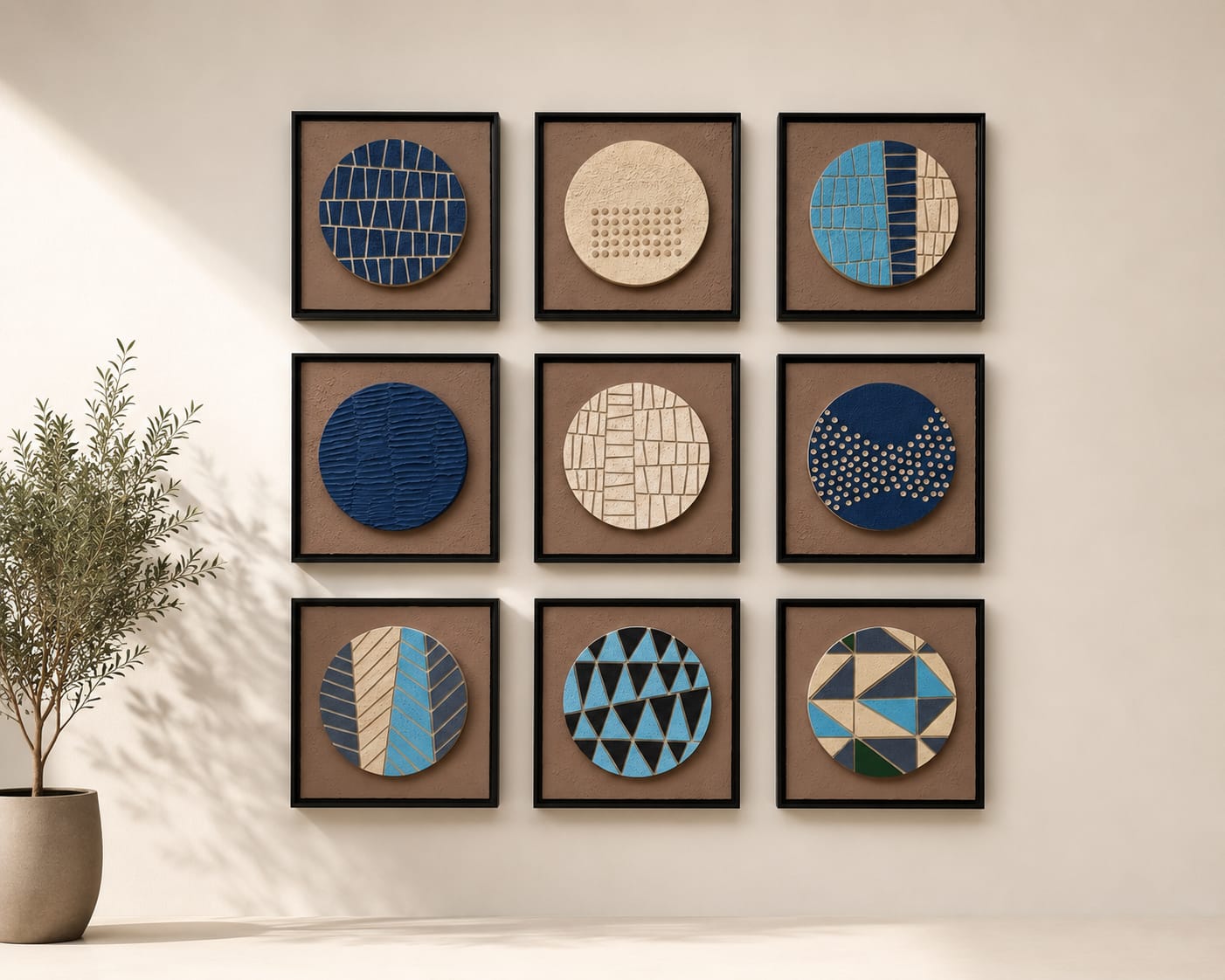 Artshub Indigo Mosaic 9-panel handcrafted mosaic circle framed wall art set in a 3x3 grid on a warm white wall with large olive tree plant in white pot – nine unique mosaic circle motifs in cobalt blue, navy, sky blue, cream white and teal green on warm sandy brown textured base in premium black frames