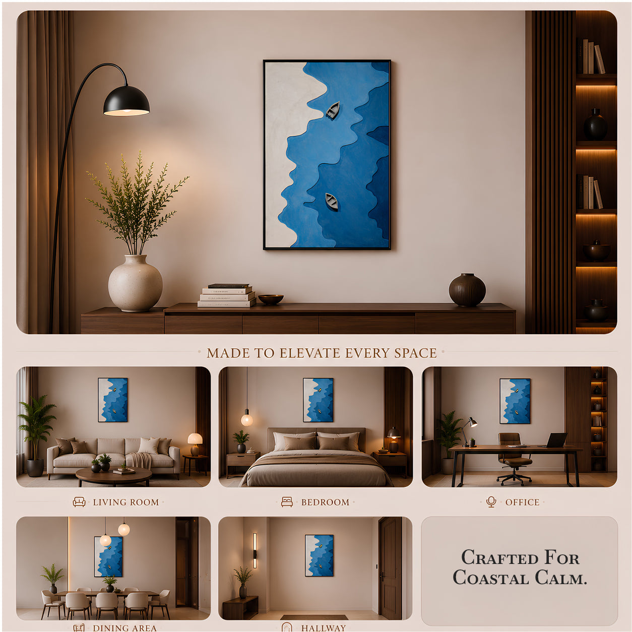 Artshub Ocean Drift – Coastal Blue Boats Vertical Canvas Wall Art