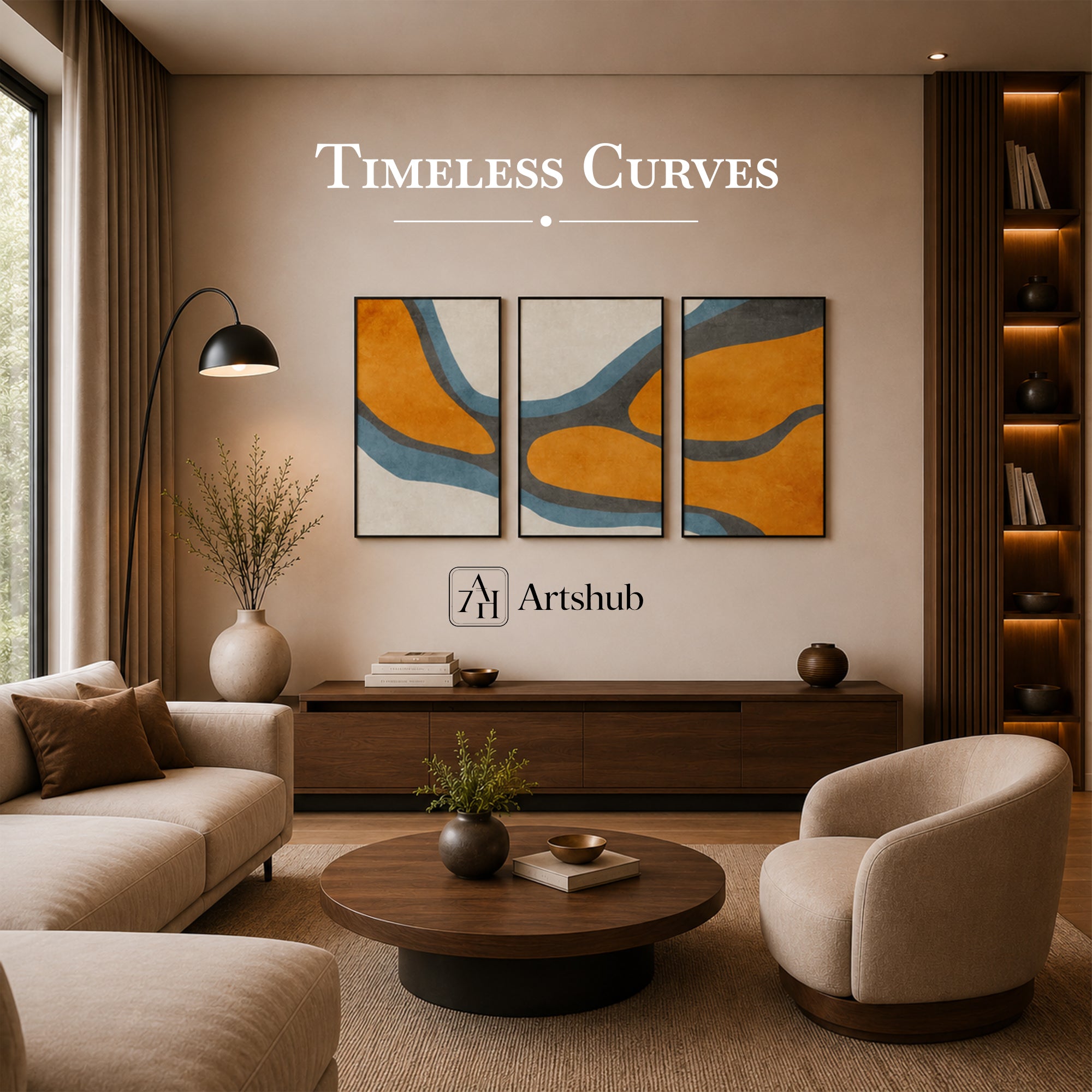 Modern living room with 'Timeless Curves' wall art and Artshub logo.