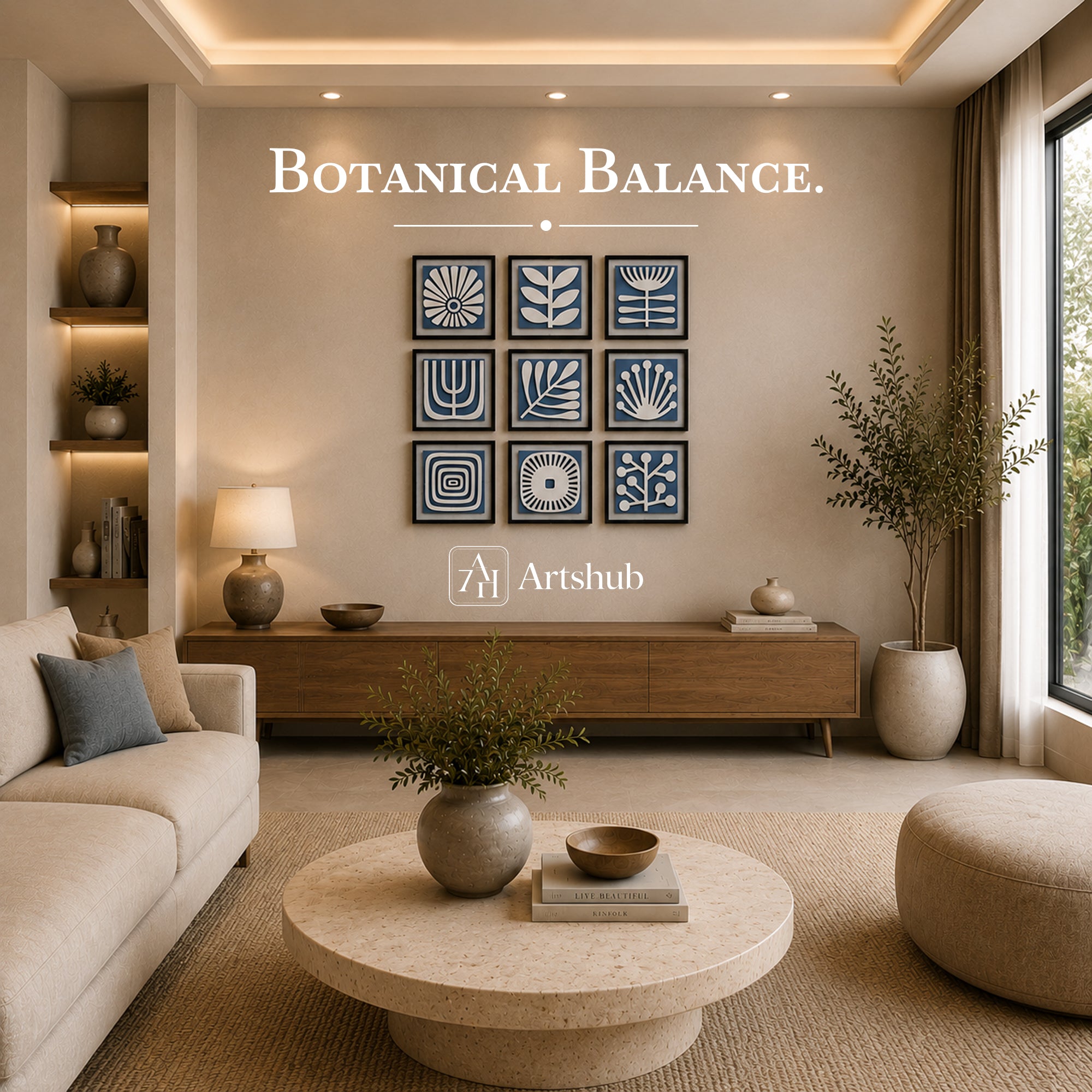 Artshub Botanical Balance – Blue Botanical 9-Panel Gallery Wall Art Set